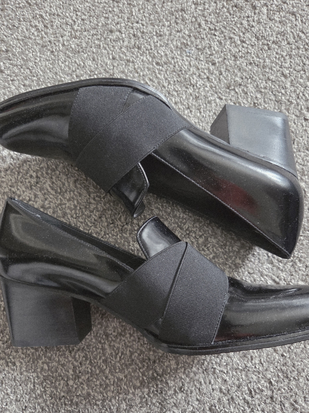 Stuart Weitzman Black Patent Block Heel Slip-On Loafers
